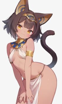 1girl animal_ears armlet breasts brown_hair cat_ears cat_girl cat_tail dark-skinned_female dark_skin eye_of_horus gold_armlet gold_hairband hairband hands_on_own_thighs head_tilt highres loincloth looking_at_viewer navel original pelvic_curtain potenoki see-through_clothes see-through_loincloth see-through_pelvic_curtain short_hair simple_background sling_bikini_top small_breasts stomach tail usekh_collar white_background yellow_eyes