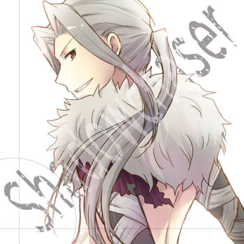 Rule 34 | 1boy, back, brown eyes, character name, chiya (beastbeast), commentary request, curtained hair, from behind, fur collar, grey hair, grin, long hair, looking at viewer, looking back, male focus, ponytail, ragnarok online, shadow chaser (ragnarok online), shrug (clothing), smile, solo, upper body, white background