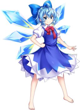 1girl barefoot blue_bow blue_dress blue_eyes blue_hair bow bowtie cirno closed_mouth detached_wings dress full_body game_asset hair_bow hand_on_own_hip highres ice ice_wings looking_at_viewer official_art pinafore_dress puffy_short_sleeves puffy_sleeves red_bow red_bowtie rotte_(1109) shirt short_hair short_sleeves simple_background sleeveless sleeveless_dress smile solo third-party_source toes touhou touhou_lostword transparent_background white_shirt wings