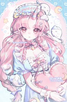 1girl absurdres artist_name blue_dress blush bow bowtie breasts cleavage cowboy_shot dress ghost highres horns long_hair looking_at_viewer original parted_bangs parted_lips pink_background pink_bow pink_bowtie pink_eyes pink_hair pointy_ears short_sleeves single_horn sleep_mask solo wrist_cuffs xiao_xia_pin_pan