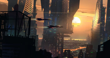 building city city_lights cityscape commentary english_commentary highres orange_sky original outdoors painterly people raphael-lacoste river rooftop scenery science_fiction shadowed signature sky spacecraft sun sunlight tower