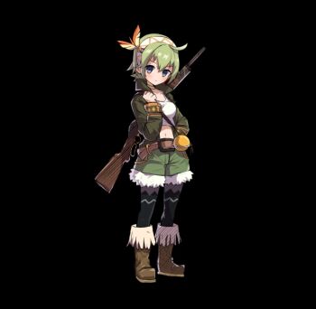 1girl ahoge belt black_background black_thighhighs blush boots breasts brown_belt brown_boots closed_mouth collared_jacket crop_top full_body green_hair green_jacket green_shorts grey_eyes gun hair_between_eyes hairband holding holding_gun holding_weapon jacket kalina_(merc_storia) medium_breasts merc_storia merc_storia_art_team official_art open_clothes open_jacket short_hair shorts simple_background solo standing tachi-e tank_top thighhighs weapon white_tank_top