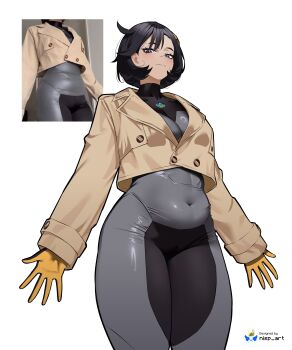 1girl absurdres artist_name black_bodysuit black_hair bodysuit brooch brown_jacket cosplay_photo emma_(pokemon) gloves highres jacket jewelry nintendo nisp_art photo_(medium) plump pokemon purple_eyes short_hair side_ahoge simple_background solo white_background yellow_gloves