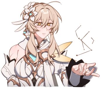 1girl ahoge bare_shoulders blonde_hair bow breasts closed_mouth commentary constellation_print detached_sleeves dress earrings english_commentary fingernails flower genshin_impact gold_ring gold_trim hair_between_eyes hair_bow hair_flower hair_ornament hand_up highres jewelry juliet_sleeves long_sleeves looking_at_object lumine_(as_heaven_and_earth_are_made_anew)_(genshin_impact) lumine_(genshin_impact) majunjuu mandarin_collar medium_breasts official_alternate_costume orange_eyes puffy_sleeves scar scar_on_face short_hair sidelocks simple_background single_earring sleeveless sleeveless_dress smile solo upper_body white_background white_bow white_dress white_flower white_sleeves wide_sleeves yellow_pupils