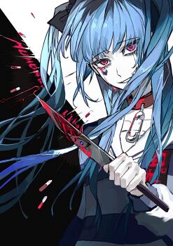 Rule 34 | 1boy, 1girl, absurdres, amemiya darumi, bags under eyes, black hair, blood, bloody tears, bloody weapon, blue eyes, blue hair, choker, commentary, constricted pupils, eyelashes, highres, holding, holding knife, knife, long hair, long sleeves, multicolored hair, pale skin, pink eyes, red choker, reflection, revision, safety pin, sailor collar, sailor shirt, shirt, smile, solo focus, striped clothes, striped shirt, sumino takumi, symbol-only commentary, the hundred line -last defense academy-, twintails, two-tone hair, upper body, voltmeter f, weapon, white shirt