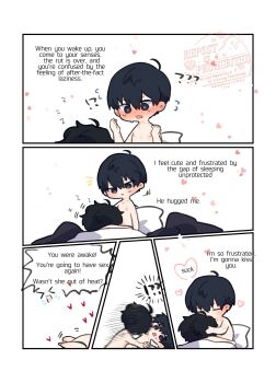 2boys ahoge black_hair blush double-parted_bangs english_text fellatio hair_between_eyes highres kim_dokja kimidori_22 kiss male_focus motion_lines multiple_boys no_shirt omniscient_reader&#039;s_viewpoint oral short_hair yaoi yoo_joonghyuk