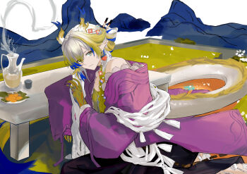 1girl absurdres arknights bare_shoulders blonde_hair blue_hair closed_mouth coat colored_extremities commentary dragon_girl dragon_horns dragon_tail flower green_eyes grey_hair hair_between_eyes hair_flower hair_ornament highres horns light_smile long_hair long_sleeves looking_at_viewer multicolored_hair official_alternate_costume plate pointy_ears purple_coat shawl shu_(arknights) shu_(spring_feast)_(arknights) shuuka single_sleeve_past_wrist sitting solo table tail white_shawl
