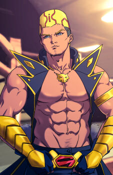 1boy abs aminotvxq armband armlet armor bare_pectorals bare_shoulders belt black_belt black_gloves black_hair black_jacket black_pants black_shorts blue_eyes blurry blurry_background ceiling_light clenched_hands coat dappled_sunlight dark-skinned_male dark_skin decorations earrings elbow_gloves facial_hair facing_to_the_side facing_viewer fence flattop gloves goatee gold_armlet gold_armor gold_belt gold_earrings gold_gloves gold_trim grey_eyes gym hands_on_own_hips hands_on_own_thighs hat high_top_fade highres holding_medal indoors jacket jewelry light_particles looking_to_the_side male_focus male_pubic_hair muscular muscular_male obliques onizuka_gou open_clothes open_jacket pants pectorals popped_collar pubic_hair shoes shorts sideburns single_earring stadium sunlight thick_eyebrows topless_male trench_coat turning_head wooden_fence wrestler wrestling_outfit wrestling_ring yellow_armband yellow_gloves yellow_hat yu-gi-oh! yu-gi-oh!_vrains