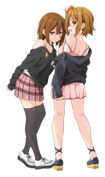 2girls alternate_costume alternate_hairstyle black_jacket black_shoes black_sweater black_thighhighs brown_eyes brown_hair camisole clothes_pull commentary_request from_behind heart heart_sticker highres hirasawa_yui jacket jacket_pull k-on! long_sleeves multiple_girls one_side_up pink_camisole pink_skirt plaid_clothes plaid_skirt sawanatsu_mikan shoes short_hair simple_background skirt sneakers standing sticker sweater sweater_pull tainaka_ritsu thighhighs white_background white_shoes