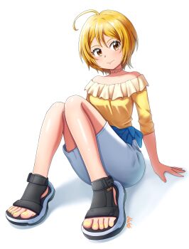 1girl absurdres ahoge alternate_footwear arm_support artist_name bare_shoulders black_sandals blonde_hair blue_bow blush bow breasts choker closed_mouth collarbone commentary commission feet fingernails foot_focus frilled_shirt frills full_body hair_between_eyes highres hugtto!_precure kagayaki_homare knees_together_feet_apart knees_up lips looking_at_viewer maho_(corotonton5150) medium_breasts nail_polish off-shoulder_shirt off_shoulder on_floor pencil_skirt precure sandals shirt short_hair signature simple_background sitting skeb_commission skirt smile solo split_mouth sports_sandals three-quarter_sleeves toenail_polish toenails toes waist_bow white_background white_skirt yellow_nails yellow_shirt