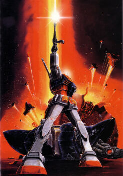 1970s_(style) 1980s_(style) absurdres beam_rifle character_name damaged debris dirty earth_federation energy_gun explosion exposed_internal_machinery firing gundam headless highres holding holding_weapon last_shooting machinery mecha mecha_focus mobile_suit mobile_suit_gundam oldschool ookawara_kunio painting_(medium) production_art realistic retro_artstyle robot rx-78-2_gundam scan scene_reference science_fiction signature traditional_media victory weapon when_you_see_it zeon zeong