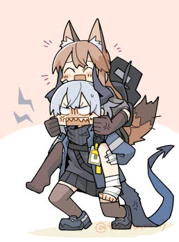 2girls ^_^ anger_vein angry animal_ear_fluff animal_ears arknights bandaged_foot bandaged_leg bandages black_shirt black_shoes black_skirt blank_eyes brown_pantyhose brown_thighhighs carrying cheek_pull closed_eyes commentary_request demon demon_girl demon_horns empty_eyes fox_ears fox_girl fox_tail franka_(arknights) highres horns konno_akikaze liskarm_(arknights) multiple_girls open_mouth pantyhose piggyback pink_background pleated_skirt sharp_teeth shield shield_on_back shirt shoes single_leg_pantyhose skirt smile tail teeth thighhighs twitter_username two-tone_background white_background