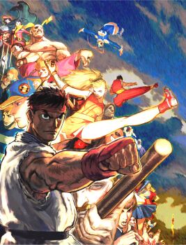 6+boys 6+girls \o/ absurdres akuma_(street_fighter) arms_up balrog_(street_fighter) baseball_cap black_hair blonde_hair boxing_gloves braid cammy_white capcom charlie_nash chun-li claws clenched_hand cody_travers dee_jay dhalsim dougi e._honda eagle_(street_fighter) everyone eyepatch facial_hair fei_long flattop flying_kick game_cg garrison_cap gen_(street_fighter) genryuusai_maki gloves guile guy_(final_fight) hat headband hibiki_dan highres ikeno_daigo juli_(street_fighter) juni_(street_fighter) kanzuki_karin kasugano_sakura kicking m._bison martial_arts_belt mask mohawk multiple_boys multiple_girls muscular muscular_male mustache native_american non-web_source official_art outstretched_arm outstretched_arms prison_clothes rainbow_mika red_headband rose_(street_fighter) ryu_(street_fighter) sagat short_hair shouryuuken smile somersault street_fighter street_fighter_zero_(series) sumo teeth thunder_hawk tonfa twin_braids uppercut vega_(street_fighter) weapon wrestler yun_lee zangief