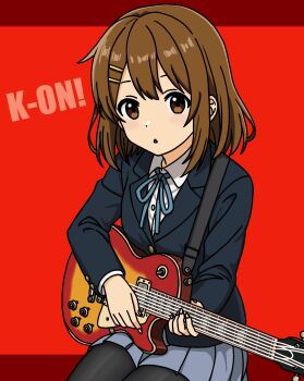 ! 1girl black_pantyhose brown_eyes brown_hair copyright_name cutting_hair electric_guitar feet_out_of_frame female_focus gibson_les_paul guitar hair_between_eyes hirasawa_yui holding holding_guitar holding_instrument instrument jacket k-on! looking_at_viewer open_mouth pantyhose red_background ribbon sakuragaoka_high_school_uniform school_uniform shirt short_hair simple_background sitting skirt solo szko_shiahina szko_shiahina white_shirt