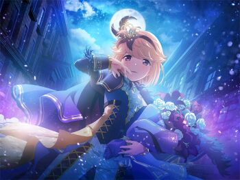 1girl ascot bouquet brown_hair building cape cosplay edmond_dantes edmond_dantes_(cosplay) flower full_moon game_cg hairband holding holding_bouquet kobato_ryouko long_sleeves looking_at_viewer moon night official_art pants parted_lips purple_cape purple_eyes purple_hairband shoujo_kageki_revue_starlight shoujo_kageki_revue_starlight_-re_live- solo standing the_count_of_monte_cristo upper_body white_ascot white_pants