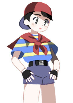 Rule 34 | 1boy, backwards hat, belt, black belt, black gloves, black hair, blush, commentary request, fingerless gloves, gloves, hat, male focus, mother (series), mother 1, ninten, nintendo, open mouth, pac-man eyes, shirt, short hair, short sleeves, shorts, simple background, solo, striped clothes, striped shirt, tanba (tanba-art), white background
