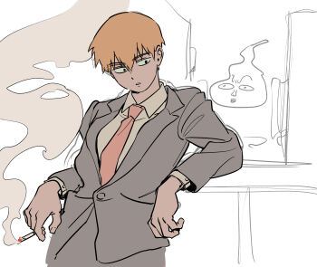 Rule 34 | arm support, between fingers, black eyes, blonde hair, cigarette, commentary, doodle background, ekubo (mob psycho 100), formal clothes, ghost, grey jacket, grey pants, grey suit, haneu, highres, holding, holding cigarette, jacket, leaning back, leaning on table, male focus, mob psycho 100, necktie, pants, pink necktie, reigen arataka, smoke, smoke trail, spirit, suit, white background