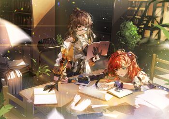 2girls absurdres arm_ribbon arm_support bare_shoulders black-framed_eyewear black_gloves black_shorts blue_eyes book book_stack bookshelf braid brown_eyes brown_hair chair crop_top cropped_jacket detached_sleeves earrings elbow_gloves entropy_(honkai_impact_3rd) eyelashes female_dreamseeker_(honkai_impact) fingerless_gloves flower_pot glasses gloves hair_intakes hand_up highres holding holding_book honkai_(series) honkai_impact_3rd indoors jacket jewelry ladder leylah_(honkai_impact) library light_particles long_hair looking_at_another multiple_girls on_chair one_side_up open_book open_clothes open_jacket open_mouth orange_jacket orange_sleeves paper paper_stack parted_bangs parted_lips plant potted_plant railing red_hair ribbon scroll semi-rimless_eyewear senadina senadina_(deepspace_anchor:_first_light) shorts side_braid sidelocks single_braid single_earring single_glove sitting sleeveless sleeveless_jacket standing swept_bangs table under-rim_eyewear wrist_ribbon zishengtian123