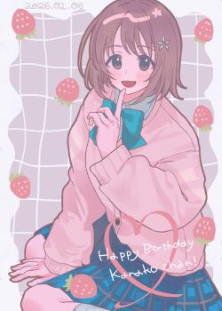 absurdres blue_ribbon border brown_eyes brown_hair cardigan collared_shirt commentary dated english_text finger_to_mouth floating_hair food fruit grid_background hair_ornament happy_birthday highres idolmaster idolmaster_cinderella_girls kneehighs looking_at_viewer mimura_kanako omakeatume open_mouth plaid_clothes plaid_skirt pleated_skirt ribbon shirt shushing sidelocks sitting skirt socks strawberry symbol-only_commentary white_border