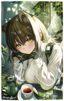 1girl absurdres animal_ears arknights artist_name black_gloves breasts brown_hair collared_shirt cup extra_ears freckles gloves highres long_hair looking_at_viewer mogurine raccoon_ears raccoon_girl robin_(arknights) saucer shirt solo teacup white_shirt yellow_eyes