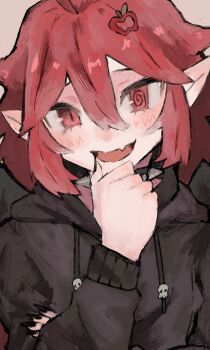 1girl @_@ absurdres apple_hair_ornament black_hoodie collar commission commissioner_upload fang felicitee_(utatatane) food-themed_hair_ornament hair_between_eyes hair_ornament hand_on_own_chin head_tilt highres hood hoodie looking_at_viewer non-web_source original pointy_ears red_eyes red_hair skeb_commission skin_fang slit_pupils solo spiked_collar spikes yo_mi_chi000