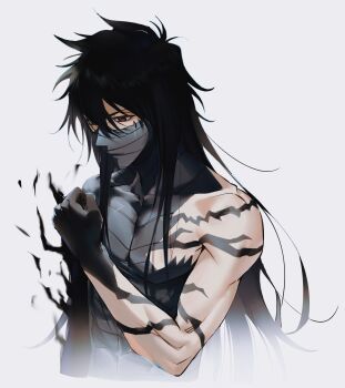 Rule 34 | 1boy, absurdres, bandages over mouth, black hair, bleach, body markings, clenched hand, covered mouth, cropped torso, grey background, hair between eyes, highres, kurosaki ichigo, long hair, male focus, messy hair, mugetsu form (bleach), n (nauki 11), red eyes, single bare shoulder, solo, upper body