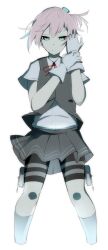 Rule 34 | 1girl, adjusting clothes, adjusting gloves, bike shorts, black shorts, blue eyes, closed mouth, commentary request, expressionless, feet out of frame, flat chest, gloves, grey skirt, grey socks, grey vest, highres, kantai collection, looking at viewer, medium bangs, neck ribbon, pink hair, pleated skirt, red ribbon, ribbon, shiranui (kancolle), shirt, short hair, short sleeves, shorts, shorts under skirt, skirt, socks, solo, tugmix, vest, white gloves, white shirt