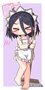 Rule 34 | > <, 1girl, absurdres, apron, barefoot, black hair, blue archive, blush, border, broom, closed eyes, closed mouth, collarbone, commentary request, double-parted bangs, frilled apron, frills, full body, hair between eyes, halo, hana kazari, highres, holding, holding broom, kei (blue archive), long hair between eyes, maid headdress, naked apron, outline, outside border, pink halo, purple background, rectangular halo, short hair, simple background, solo, standing, sweatdrop, white apron, white border, white outline