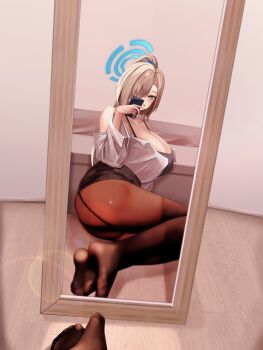1girl absurdres alternate_costume alternate_hairstyle ass asuna_(blue_archive) black_bra black_pantyhose blue_archive blue_eyes blue_halo blush bra breasts camera_view commentary_request feet halo highres holding holding_phone huge_breasts light_brown_hair long_hair miisang47 mirror mirror_selfie mole mole_on_breast on_floor pantyhose phone ponytail reflection selfie sitting solo taking_picture thighs underwear