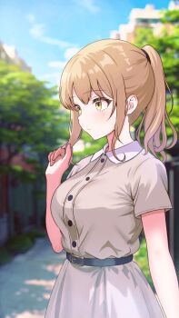 Rule 34 | 1girl, belt, black belt, black bitou, blurry, blurry background, brown hair, buttons, commentary request, contrast collar, day, dress, eyelashes, grey dress, highres, long hair, looking ahead, nijisanji, outdoors, ponytail, short sleeves, sister claire, solo, twirling hair, virtual youtuber