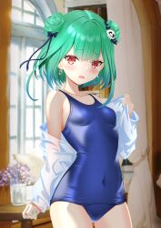 Rule 34 | 1girl, bare shoulders, blue one-piece swimsuit, blush, bow, breasts, collarbone, covered navel, cowboy shot, curtains, double bun, earrings, green hair, hair bow, hair bun, hair ornament, hair ribbon, highres, holding, hololive, indoors, jewelry, looking at viewer, off shoulder, one-piece swimsuit, open mouth, red eyes, ribbon, school swimsuit, short hair, skull hair ornament, sleeveless, sleeves past wrists, small breasts, solo, standing, surgate matias, swimsuit, thighs, uruha rushia, virtual youtuber