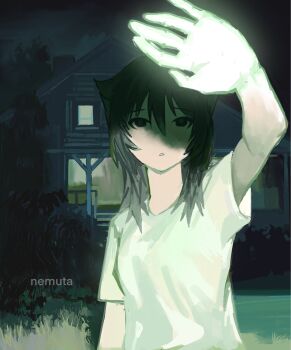 Rule 34 | 1girl, artist name, black eyes, black hair, building, commentary, english commentary, grass, hair between eyes, hair flaps, highres, house, nemuta (ohuton dive), night, original, outdoors, parted lips, shirt, short sleeves, solo, t-shirt, white shirt