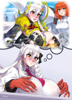 ahoge ascot asymmetrical_bangs attack black_gloves blush braid breast_rest breasts breasts_on_table cape chaldea_staff_uniform cloak clothing_cutout command_spell commentary_request detached_horns e-grand_marie earrings fate/grand_order fate_(series) fujimaru_ritsuka_(female) fujimaru_ritsuka_(female)_(decisive_battle_chaldea_uniform) fur-trimmed_cape fur-trimmed_cloak fur_trim gloves hair_between_eyes hair_ribbon high-waist_skirt highres horns huge_horns jewelry long_hair long_horns long_sleeves medium_hair mizuumi_(bb) mount_rushmore multiple_girls necktie nipple_rub nipple_stimulation nipple_tweak nipple_tweak_through_clothes nipples olga_marie_animusphere olga_marie_animusphere_(unbeast) on_ground open_mouth orange_eyes orange_gloves orange_hair puffy_nipples red_ascot red_gloves red_necktie ribbon rock shirt side_braid skirt speech_bubble stick_figure striped_bodysuit thinking thought_bubble tweaking_own_nipple u-olga_marie very_long_hair white_hair white_shirt yellow_horns