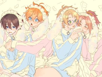 Rule 34 | 4boys, akehoshi subaru, animal ears, apron, black hair, blonde hair, blue-framed eyewear, blue eyes, blue jacket, blush, closed eyes, commentary, ensemble stars!, glasses, green eyes, hidaka hokuto, highres, hug, hug from behind, isara mao, jacket, jersey maid, long sleeves, looking at another, maid, maid apron, maid headdress, male focus, multiple boys, open mouth, orange hair, pink jacket, rabbit ears, red hair, smile, symbol-only commentary, trickstar (ensemble stars!), unconventional maid, yaoi, yawayapan, yuuki makoto (ensemble stars!)