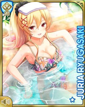 1girl :d barefoot bikini blonde_hair breasts card_(medium) character_name cleavage day girlfriend_(kari) grey_bikini hair_ornament hair_scrunchie jewelry official_art open_mouth outdoors pool qp:flapper red_eyes ryugasaki_juria scrunchie sitting smile spa swimsuit tagme towel towel_on_head wet wet_clothes