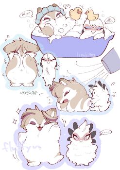 ... animal_ears animal_nose artist_name bath bathing blue_eyes blush brown_fur brown_hair bubble closed_eyes commentary english_commentary english_text engrish_text facing_viewer fat fat_woman full_body furry hair_dryer highres looking_at_viewer looking_to_the_side meg_(miz7xf) miz7xf multiple_views navel navel_piercing no_mouth open_mouth original pawpads piercing pink_eyes ranguage rubber_duck shampoo_hat simple_background speech_bubble spoken_ellipsis spoken_symbol standing straight-on wet white_background