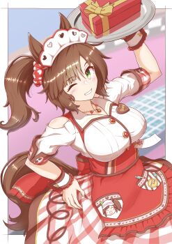 1girl absurdres animal_ears apron blush box breasts brown_hair clothing_cutout diagonal_bangs flova11 freckles from_above gift gift_box green_eyes grin hand_on_own_hip heart_on_chest highres holding holding_tray horse_ears horse_girl horse_tail ines_fujin_(melty_gift)_(umamusume) ines_fujin_(umamusume) jewelry large_breasts looking_at_viewer maid_headdress name_tag necklace one_eye_closed outside_border print_scrunchie red_apron red_scrunchie scrunchie shirt short_sleeves shoulder_cutout side_ponytail smile solo tail tray umamusume waitress white_shirt wrist_cuffs