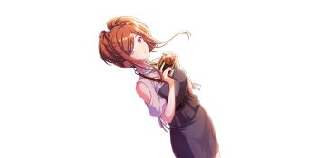 Rule 34 | 1girl, :o, bare shoulders, black dress, breasts, brown hair, camera, clothing cutout, cowboy shot, diamond-shaped earrings, dress, earrings, floating earrings, game cg, glint, hands up, highres, holding, holding camera, jewelry, lapis re:lights, looking at viewer, medium breasts, mole, mole under eye, official art, pencil skirt, purple eyes, short hair with long locks, shoulder cutout, side slit, simple background, skirt, solo, third-party source, transparent background, tsubaki (lapis re:lights), two-tone dress, white dress