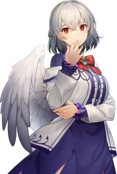 1girl arm_under_breasts bow bowtie buttons center_frills cowboy_shot eho_(icbm) finger_to_mouth frills game_cg kishin_sagume labyrinth_of_touhou_(series) labyrinth_of_touhou_tri non-web_source official_art purple_skirt red_bow red_bowtie red_eyes short_hair single_wing skirt solo touhou transparent_background white_hair white_wings wings