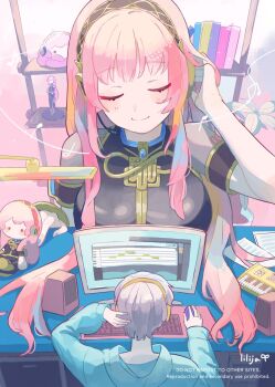 1girl 1other ambiguous_gender arm_up artist_name beamed_eighth_notes black_shirt blue_hoodie bookshelf breasts character_doll choppy_bangs closed_eyes closed_mouth commentary computer computer_keyboard doll dot_nose english_commentary figure giant giantess grey_hair hand_on_headphones headphones headset highres holding_computer_mouse hood hoodie indoors instrument keyboard_(instrument) lamp large_breasts light_blush lilija long_hair long_sidelocks long_sleeves master_(vocaloid) megurine_luka monitor musical_note paper pink_hair plant quarter_note see-through_clothes see-through_sleeves shirt short_sleeves shoulder_tattoo sidelocks size_difference solo speaker table takoluka tattoo vocaloid vocaloid_editor watermark