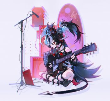 1girl absurdres black_hair choker eyelashes goth_fashion guitar hair_ornament highres holding holding_guitar holding_instrument instrument long_hair music original playing_instrument red_eyes shoes sitting skull_hair_ornament solo themoonrabbit twintails very_long_hair visual_kei