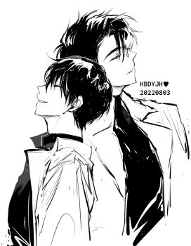 2boys black_hair black_shirt chin_rest closed_eyes coat commentary crew_neck curtained_hair english_commentary greyscale happy_birthday head_on_head head_rest highres kim_dokja male_focus monochrome multiple_boys omniscient_reader&#039;s_viewpoint open_clothes open_coat popped_collar rhyme1863 shirt short_hair smile upper_body yaoi yoo_joonghyuk