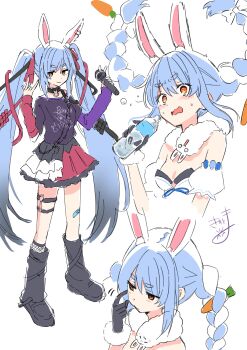 1girl absurdres animal_ear_fluff animal_ears bandaid bandaid_on_leg bare_shoulders black_boots black_gloves black_leotard black_shirt blue_hair boots bottle bow braid breasts carrot_hair_ornament closed_mouth commentary_request detached_sleeves don-chan_(usada_pekora) dress ear_piercing fishnet_socks fishnets floating_hair food-themed_hair_ornament fur-trimmed_gloves fur_trim gloves hair_bow hair_ornament hair_ribbon highres holding holding_bottle holding_microphone hololive kiritoma leotard long_hair long_sleeves microphone multicolored_hair multiple_views open_mouth piercing pleated_skirt puffy_long_sleeves puffy_short_sleeves puffy_sleeves purple_sleeves rabbit_ears red_ribbon red_skirt red_sleeves ribbon shirt short_sleeves signature simple_background single_fishnet_legwear skirt sleeves_past_wrists small_breasts socks strapless strapless_dress strapless_leotard twin_braids twintails two-tone_hair usada_pekora usada_pekora_(11th_costume) usada_pekora_(1st_costume) very_long_hair virtual_youtuber water_bottle wavy_mouth white_background white_bow white_dress white_hair white_sleeves