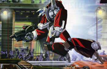 Rule 34 | 1980s (style), artist request, blue visor, building, car, commentary, crowd, energy gun, english commentary, flying, garland (megazone 23), glint, glowing, key visual, lamppost, mecha, megazone 23, motion lines, motor vehicle, official art, oldschool, production art, promotional art, retro artstyle, road, robot, scan, scene reference, science fiction, scope, street, traditional media, weapon, window