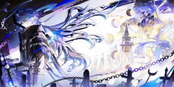 Rule 34 | 1boy, abstract background, absurdres, black coat, blurry, chain, chinese commentary, coat, commentary request, crescent, crescent moon, depth of field, flins (genshin impact), from side, full moon, genshin impact, glowing, highres, holding, holding lantern, iron hailai, lantern, long hair, long sleeves, moon, moonlight, night, outdoors, shaded face, sky, solo, standing, star (sky), starry sky, sword, tower, upper body, weapon