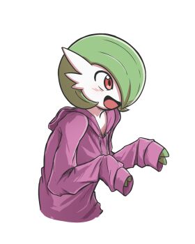 1girl blush bob_cut colored_skin cropped_torso drawstring female_focus gardevoir gen_3_pokemon green_hair green_skin hair_over_one_eye hands_up happy highres hood hood_down hooded_sweater julian0223 light_blush multicolored_skin nintendo one_eye_covered open_mouth pokemon pokemon_(creature) purple_sweater red_eyes short_hair simple_background sleeves_past_wrists smile solo sweater two-tone_skin upper_body white_background white_skin