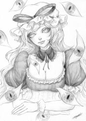 Rule 34 | 1girl, bow, bowtie, bracelet, breasts, collar, corset, curly hair, dress, extra eyes, frilled dress, frilled hat, frilled sleeves, frilled wristband, frills, greyscale, hat, hat bow, hat ornament, highres, jewelry, johnalay, light smile, long hair, medium breasts, mob cap, monochrome, pearl bracelet, puffy short sleeves, puffy sleeves, ribbon, ribbon-trimmed collar, ribbon trim, short sleeves, simple background, slit pupils, smile, touhou, traditional media, very long hair, white background, wristband, yakumo yukari