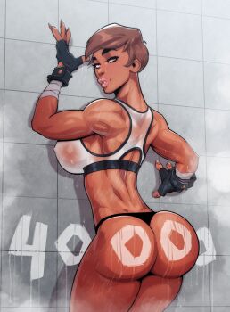 1girl absurdres ass black_gloves black_panties breasts brown_eyes brown_hair cherrymousestreet dark-skinned_female dark_skin fingerless_gloves gloves highres large_breasts looking_at_viewer looking_back milestone_celebration my_mom_and_sister_are_size_queen_sluts panties short_hair shower_(place) solo sports_bra tile_wall tiles underwear vera_herron wet white_sports_bra