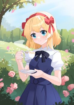 1girl absurdres alice_margatroid alternate_costume black_bow black_bowtie blonde_hair blue_dress blue_eyes blue_sky blush bow bowtie chinese_commentary closed_mouth commentary_request cup day dress hair_bow hairband highres holding holding_cup holding_saucer looking_at_viewer outdoors puffy_short_sleeves puffy_sleeves red_bow red_hairband saucer sdftehn short_sleeves sky smile solo steam teacup touhou