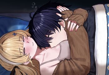 1boy 1girl 2na_(blue2na) absurdres alternate_costume between_breasts blush breasts brown_jacket closed_eyes closed_mouth collarbone commentary english_commentary face_between_breasts hairband head_between_breasts head_hug highres jacket large_breasts male_rover_(wuthering_waves) off_shoulder open_clothes open_jacket phoebe_(wuthering_waves) pillow rover_(wuthering_waves) sleeping smile under_covers white_hairband wuthering_waves